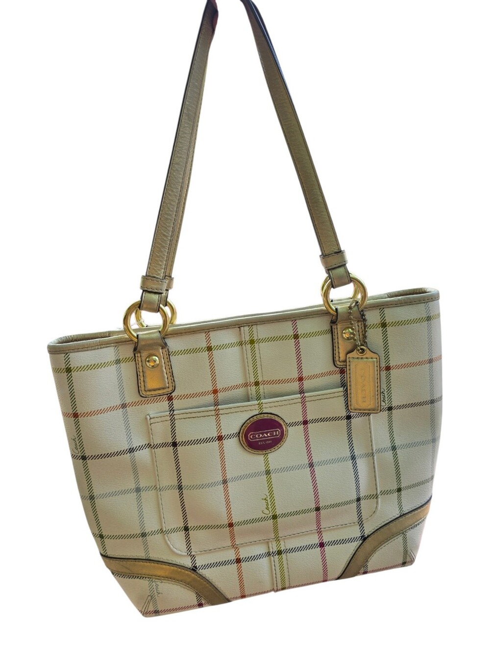 Coach Beige Plaid Leather-Trim Tote Bag